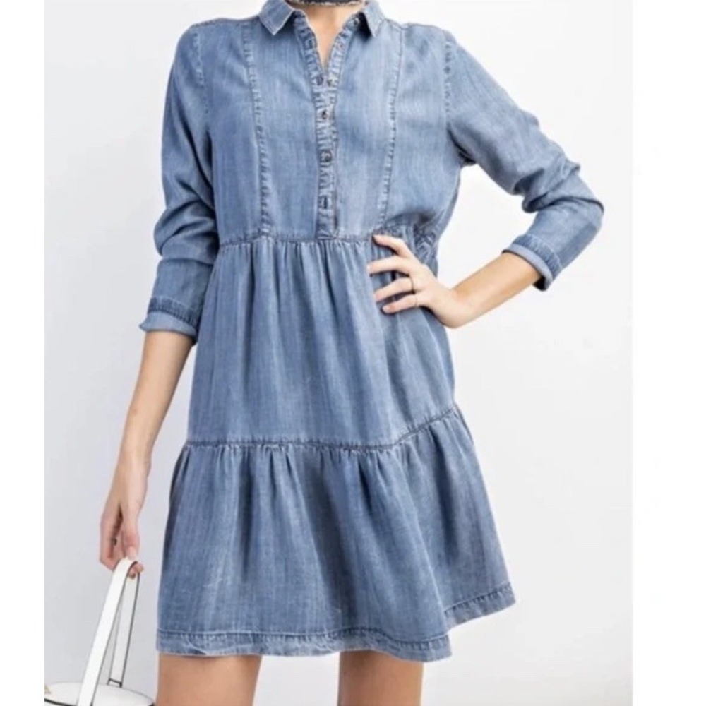 Easel Womens Babydoll Tiered Denim Dress Size Large Light Wash Cottagecore - Picture 3 of 10